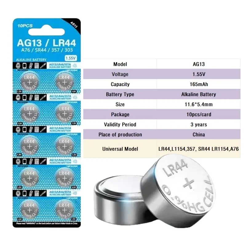 2-100PCS LR44 AG13 Button Cell Battery 1.5V 357A SR44 LR1154 Button Coin RW82 SR1154 SP76 Batteries for Watch Toys Remote