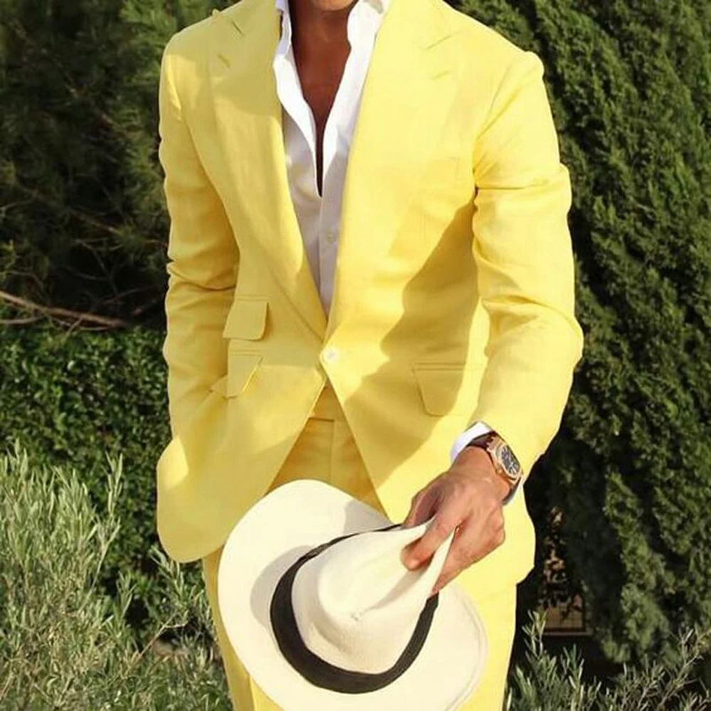 2023 Yellow Linen Beach Men Suits Slim Fit 2 Piece Wedding Groom Tuxedo Peaked Lapel Male Fashion Costume Blazer With Pants