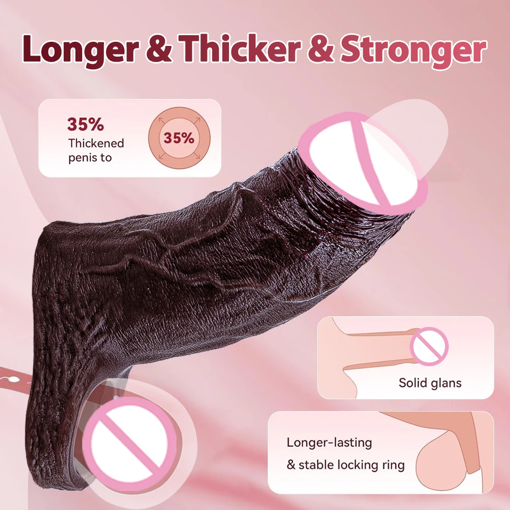 Ultra Realistic Silicone Penis Enlarger Sleeve with Cock Ring Reusable Penis Extension Sleeve Male Penis Sheath Adult Sex 18+