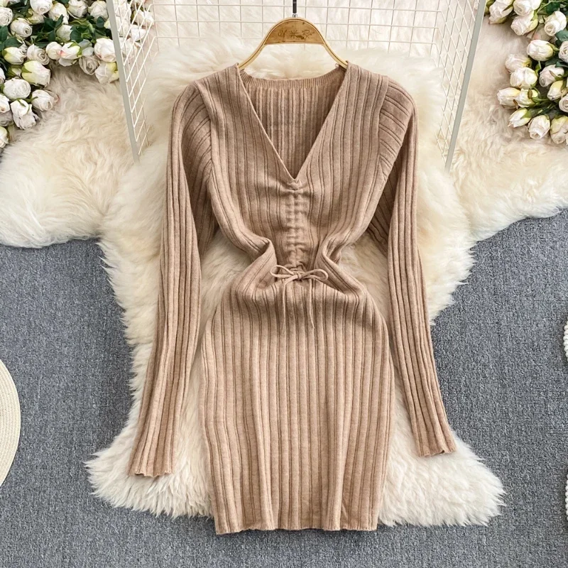 

Women's Autumn Dress Female Soft Sweater Solid Color Sexy Drawstring V-Neck Mini Knitting Long Sleeve Dresses Party Club Wear
