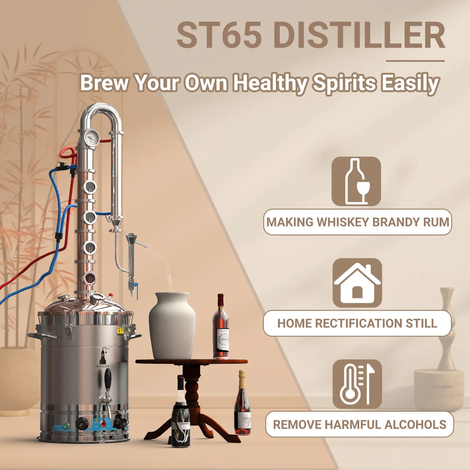 

HOOLOO ST65Cu Distiller Home Appliances Alcohol Equipment Bubble Plat Electric Heating Copper Column Moonlighter Rum Brandy