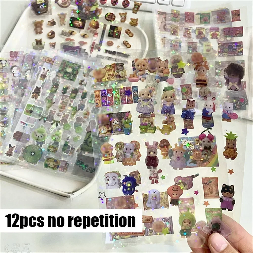 12pcs/10pcs Kawaii Glitter Stickers Transparent Journal Stickers PET Scrapbooking Cut Film Toploader Scrapbooking Deco Home