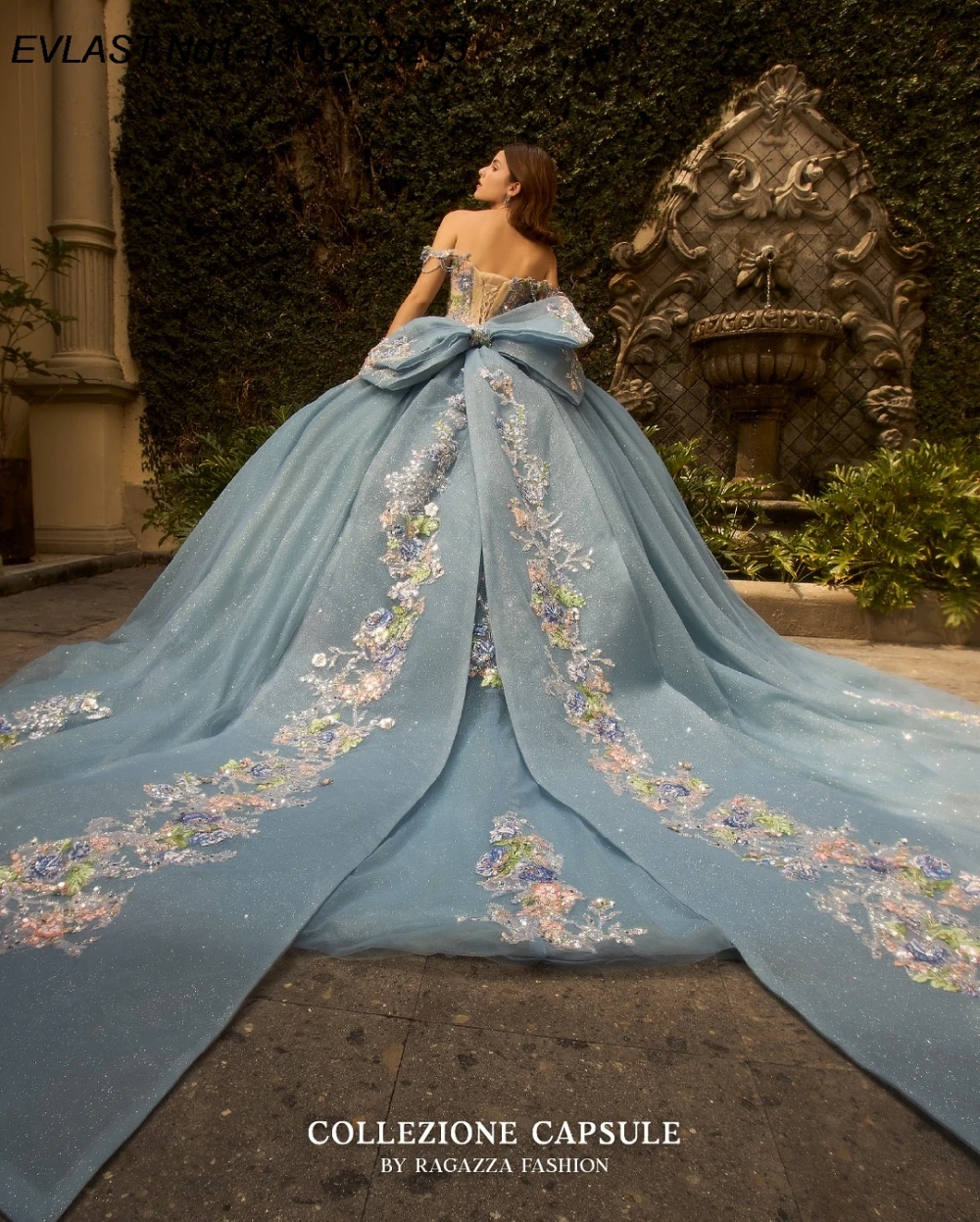 EVLAST personalizado brillo azul vestido para quinceañeras vestido De baile apliques florales rebordear lazo grande dulce 16 Vestidos De 15 Anos E1QN749