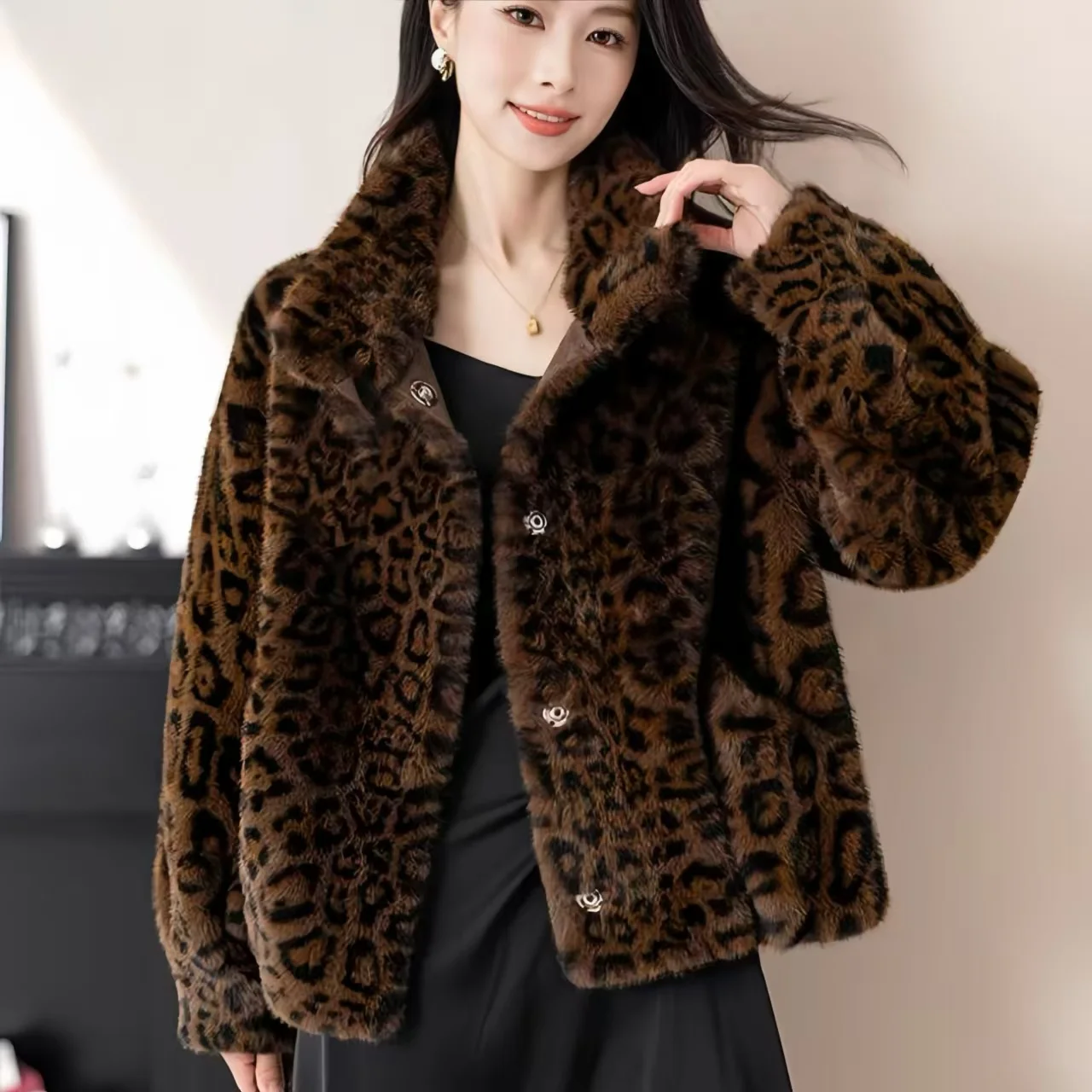 Faux Mink Fur Coat for Women, Single Breasted Jacket,Leopard Print Overcoat,Female Tops, Luxury Designer Clothes New, Winte,2024