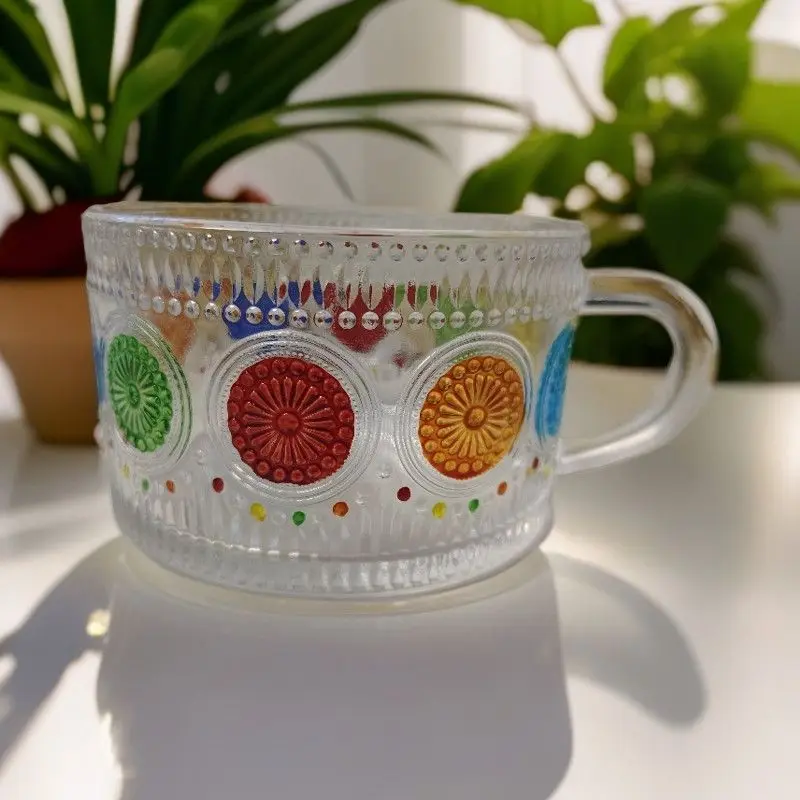 Large Capacity Breakfast Relief Retro Glass Cup, Coffee Home Oat Sun High Aesthetic Milk Glass Cup