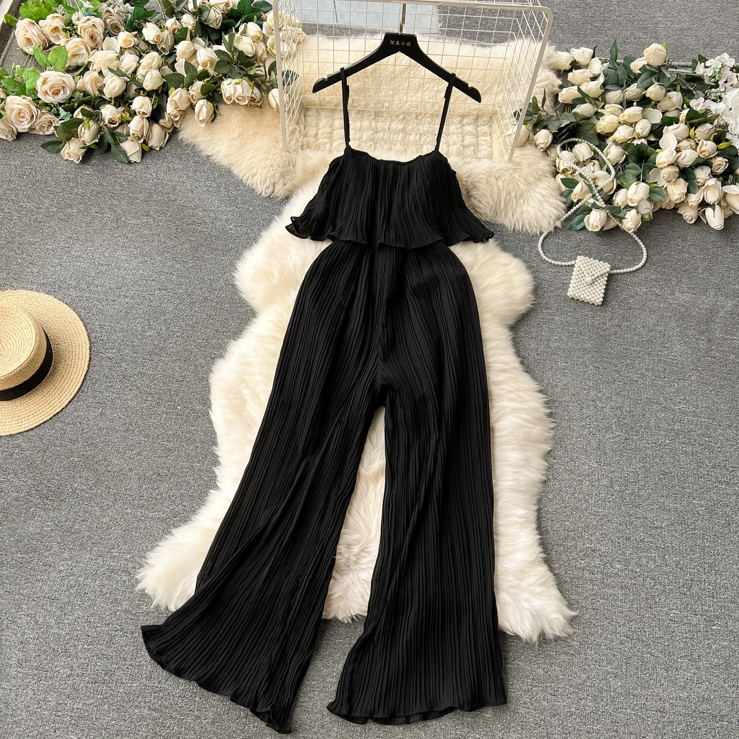 Vacation Loose Jumpsuit Strap Backless Thin Romper Streetwear Women INS One-Piece Outfit Beach Style Pleated Bodysuits