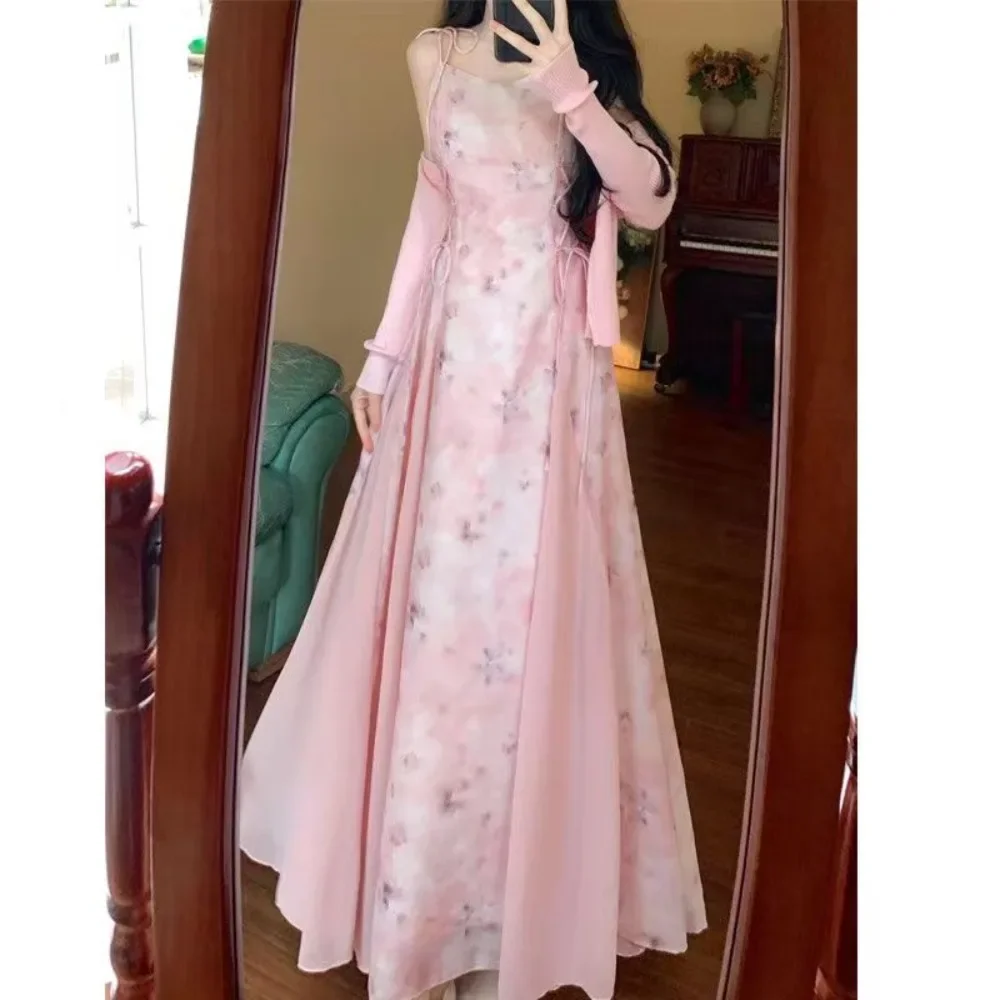 

Chinese Modern Style Spaghetti Strap Lace Up Young Girls Green Pink Fashion Summer Midi Dresses 2025
