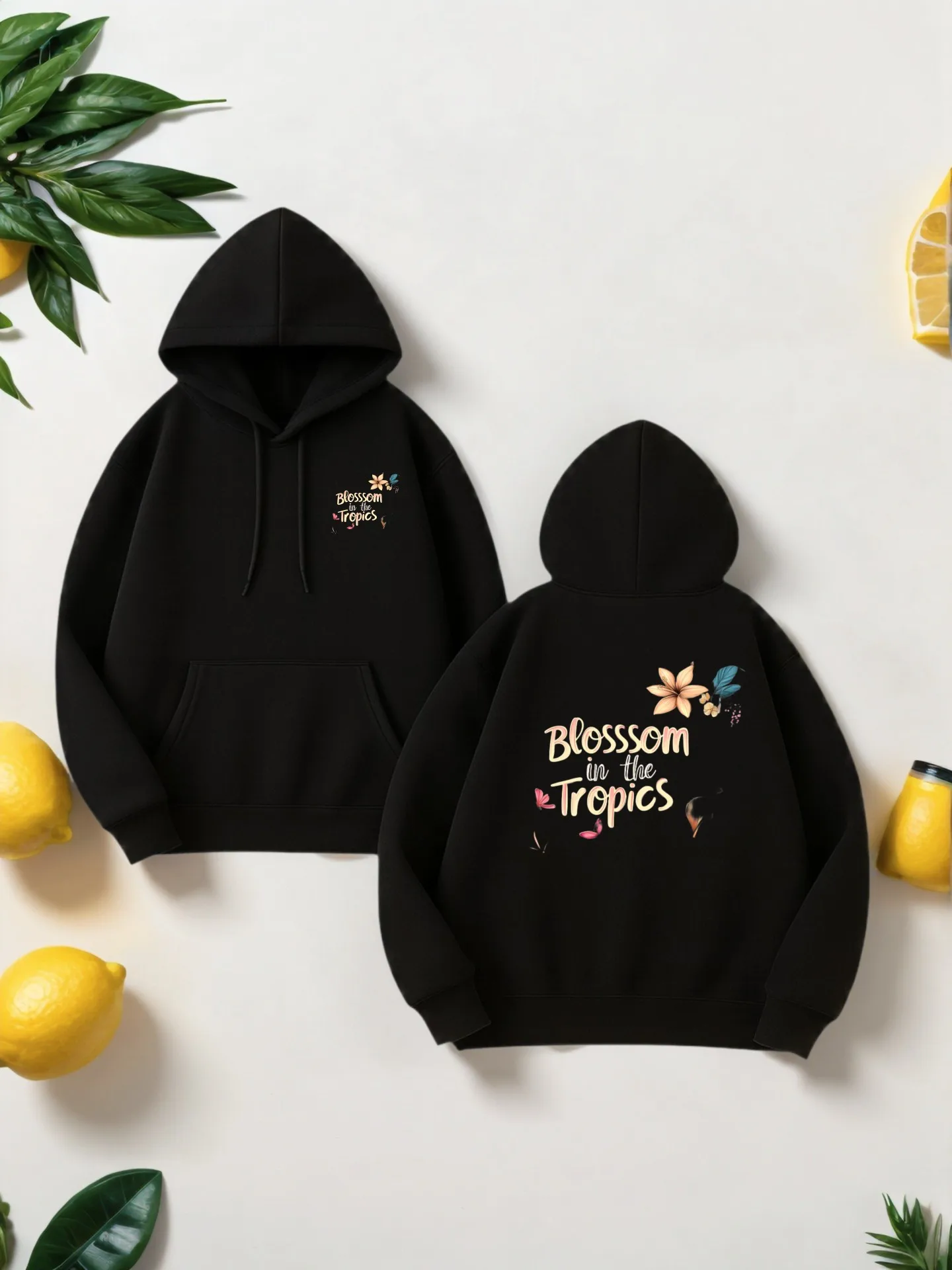 هوديي جرافيك للرجال، طباعة بلوسوم تروبيكس، نمط كاجوال، مبطن بالصوف، للارتداء اليومي، للشباب #1