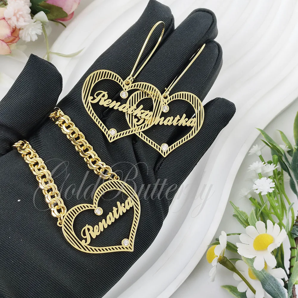 

2PcsSet Custom Jewelry Set Spanish Chain Necklace Heart Pendant with Diamonds Long Hook Earrings for Women Gifts Fashion Jewelry