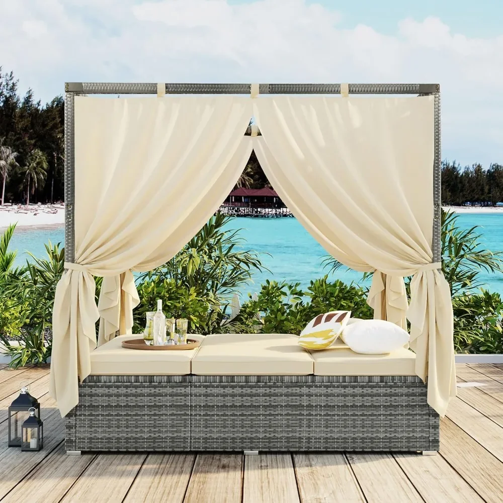 Outdoor Canopy Bed with Adjustable Seats & Four-sided Canopy, Rattan Chaise Lounge Daybed Patio Loveseat Sofa Bed Set