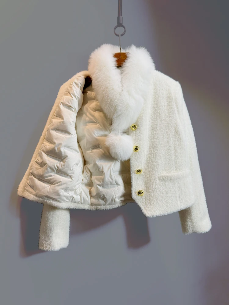 Elegancka francuska moda, socjeta, okrągły dekolt, złote guziki, jednorzędowe, proste, uniwersalne płaszcze puchowe, krótkie kurtki damskie na zimę.