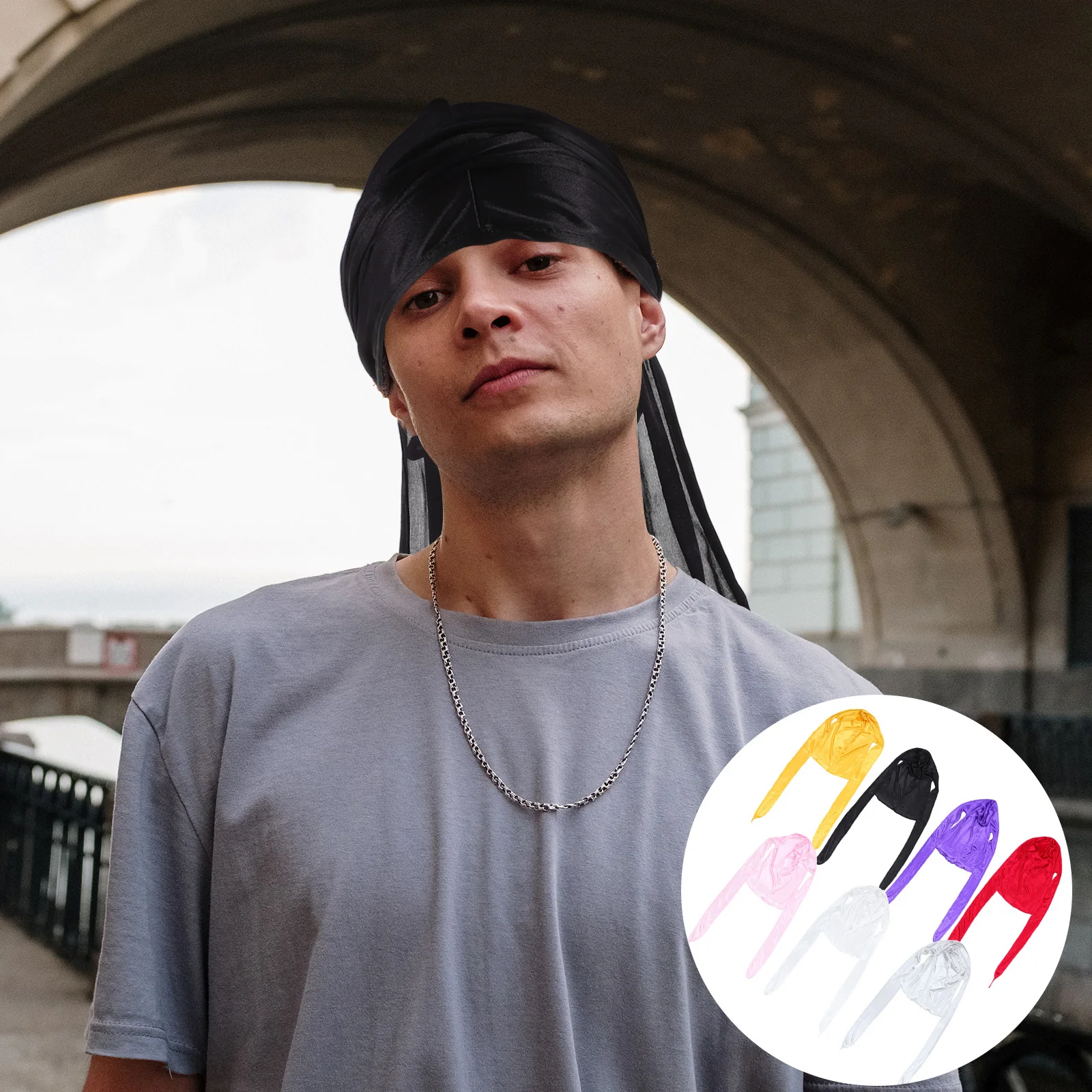 

7Pcs Silk Durag Long Tail Wide Strap Hair Wrap Breathable Soft Silky Scarves for Men Women Wave Hair Care Silky Durag