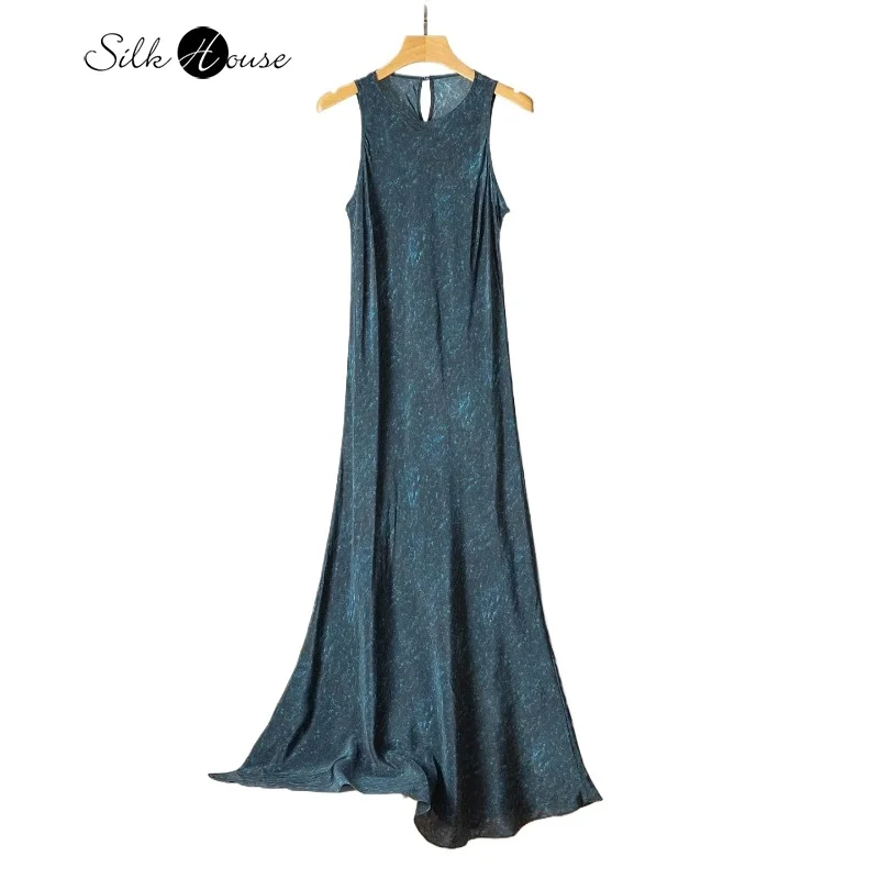

100% Natural Mulberry Silk Crepe De Chine Temperament Sleeveless Diagonal Cut Women's Casual Vest Dress