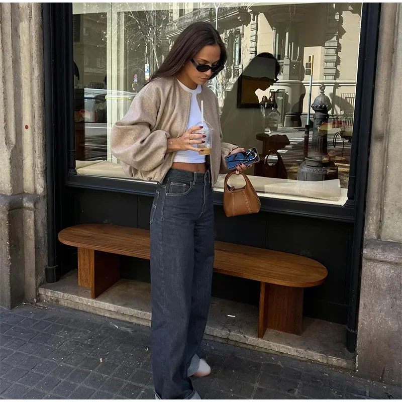 Mulheres Elegante O-pescoço Longo Lanterna Manga Bomber Jaqueta, Casual Bolsos Sólidos, Casaco Curto Solto, Casacos Senhora Chique, Zíper, Novo, 2024