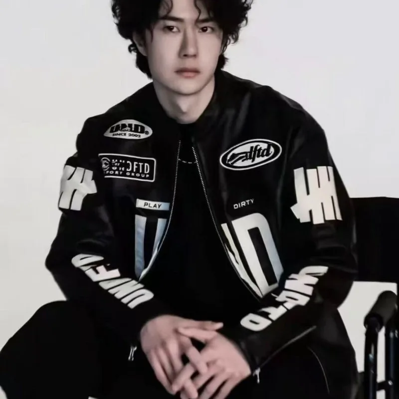 UNDEFEATED 5-Stripe American Stand Collar Vintage Moto Leather Jacket Men Women Casual Streetwear Coat Loose Outerwear