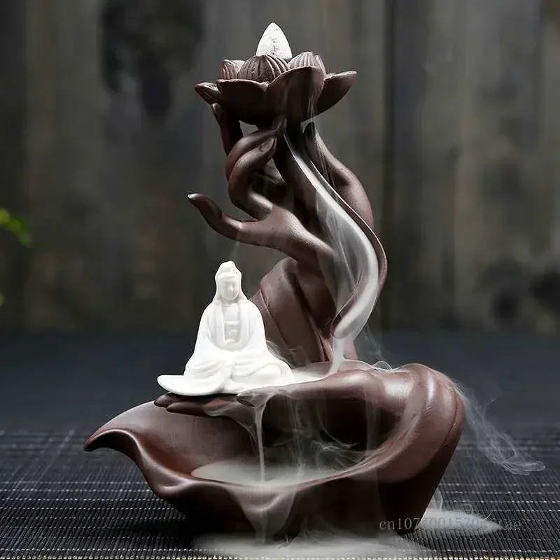 

Ceramic Buddha Finger Shape Backflow Incense Burner, Zen Buddhist, Creative Home Indoor Fragrance censer, Purple Clay Decor, 1Pc