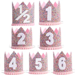 Baby Pink 1st Birthday Crown Half Two Party Sequins Hat Headband 3rd 4th 5th 6th Number Crown Caps for Kids Birthday Decoration