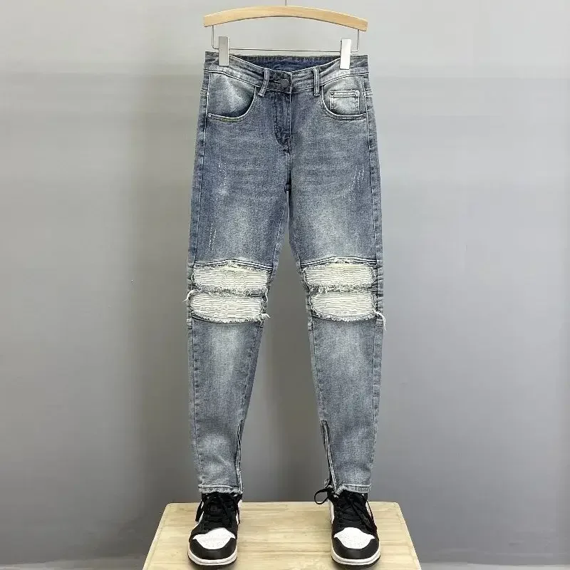 

Men's Jeans Tight Pipe Skinny Trousers Slim Fit Broken Torn Man Cowboy Pants Ripped with Holes Black Plus Size Xs 90s Streetwear