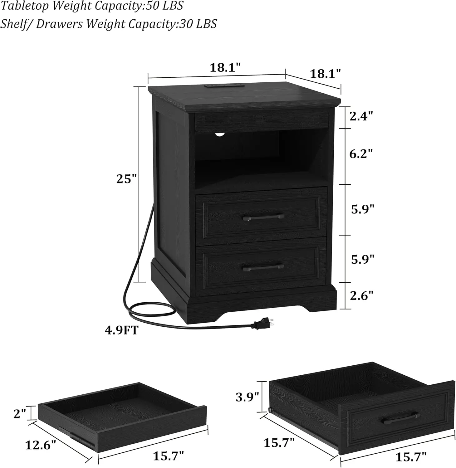 Nightstand Gun Drawer Invisible Lock Charging Station Open Shelf End Table Bedroom Black
