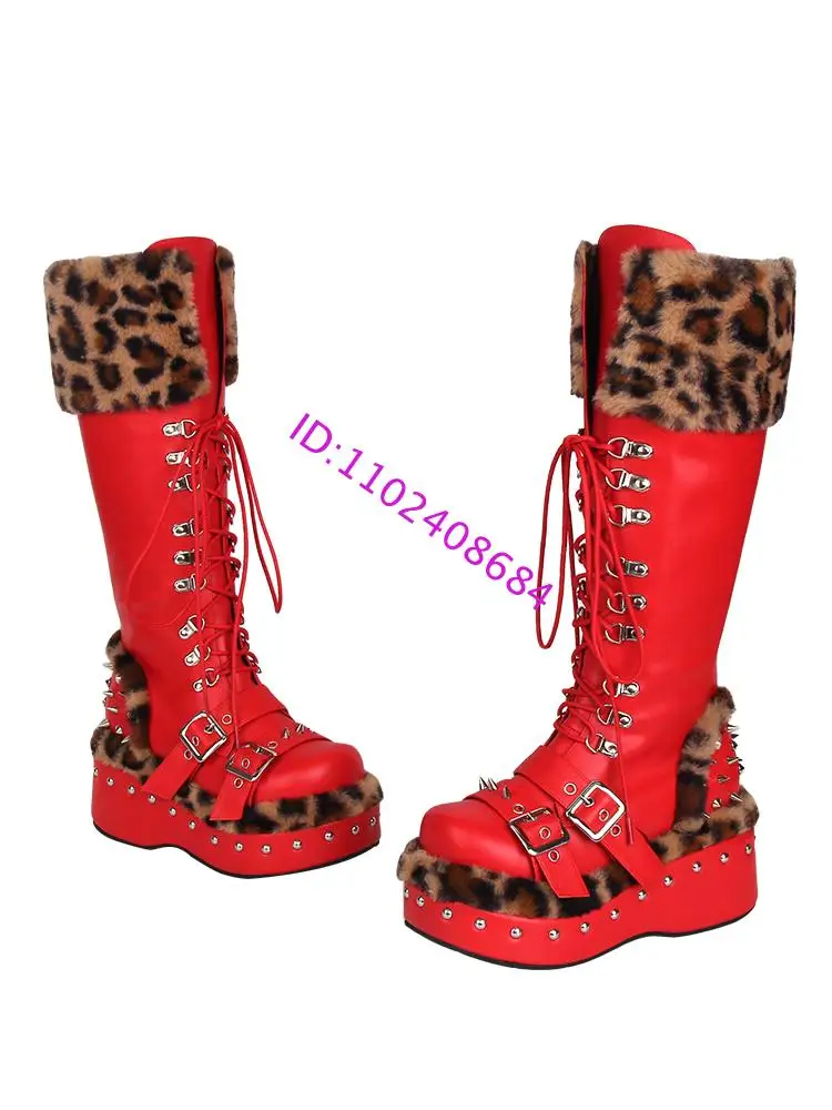 Design Punk Lolita High Platform Fur Boots 8Cm Leopard Print Side Zipper Belts Buckle Lace Up Knee Winter Boots view 2