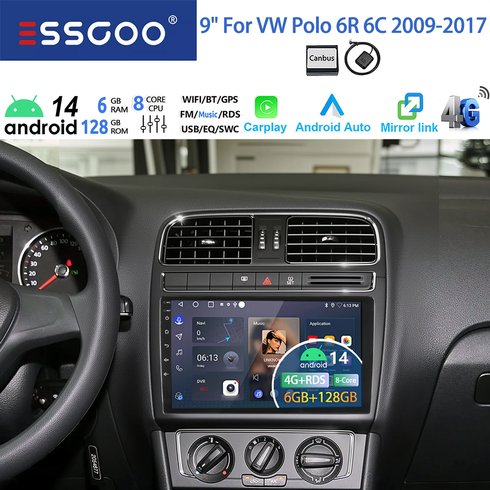 Autoradio ESSGOO Android 14 9 Inch 6+128G 8 Kern voor VW Polo MK5 6R 6C 2011-2016 Draadloze CarPlay Android Auto GPS Navigatie 4G WIFI RDS Stuurwielbediening Bluetooth FM AM Mirror Link QLED