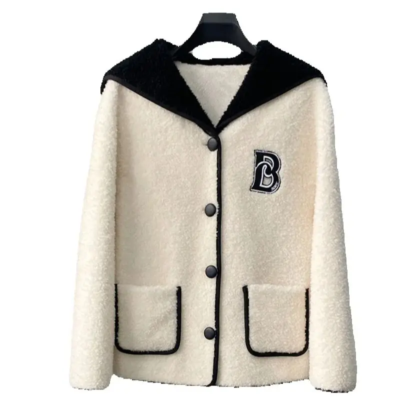 

Новое зимнее пальто из овчины 2025 года для молодых женщин, темно-синее пальто из овечьей кожи и меха из интегрированной шерсти и меха