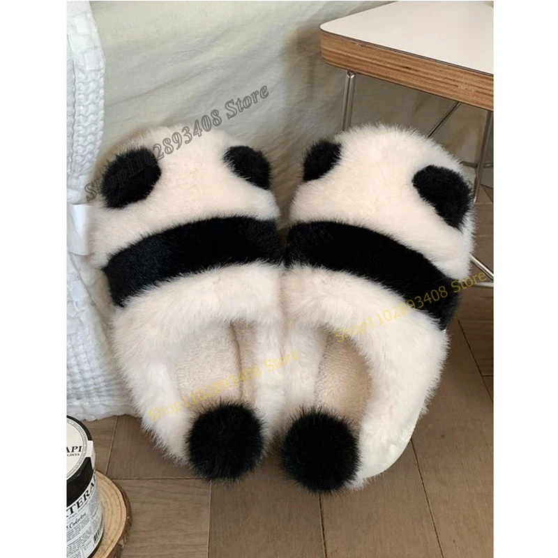 

Mixed Color Panda Fur Decor Slippers Round Toe Flat with Fleece Slip on Women Shoes 2023 Cute Fashion Sweet Zapatos Para Mujere