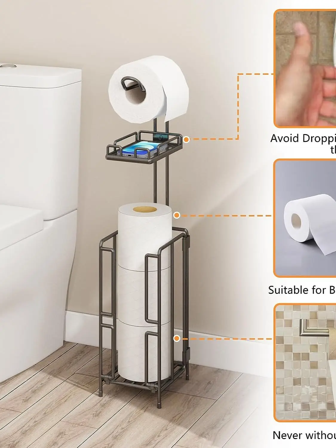 Toilet Paper Holder Stand, Bathroom Toilet Tissue Paper Roll Storage Holder with Shelf and Reserve for Bathroom Storage Holds Wi