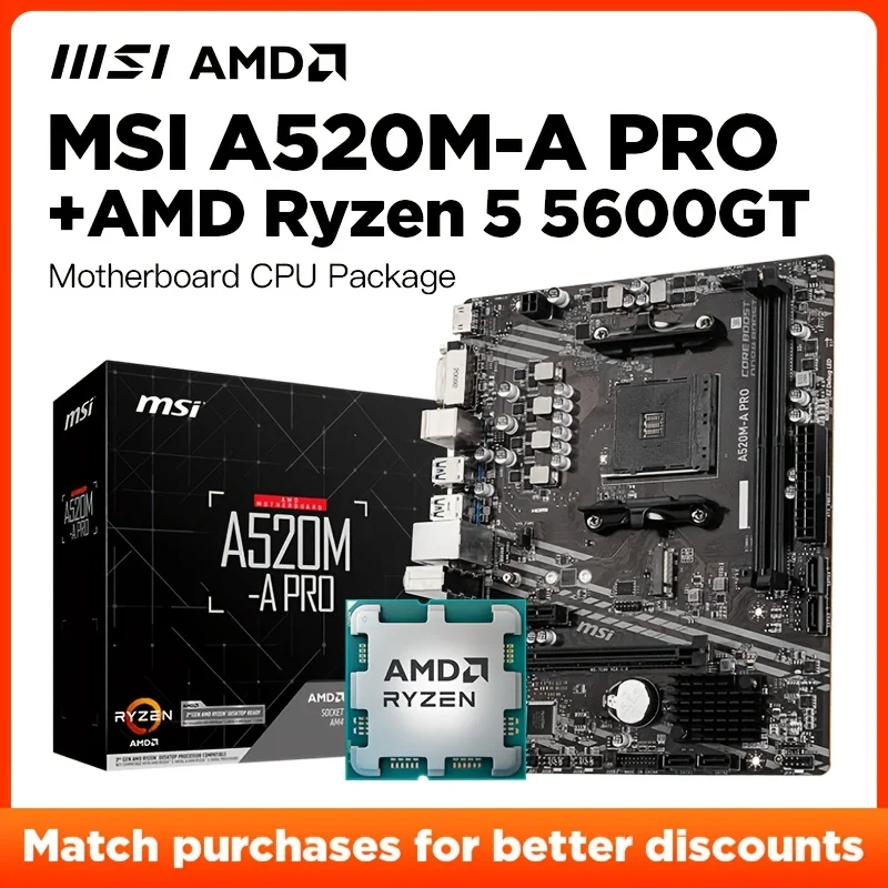 AMD Ryzen 5 5600GT بدون مروحة + MSI A520M-A PRO اللوحة الأم R5 CPU اللوحة الأم مجموعة المعالج المقبس AM4 DDR4 128GB 4K Ultra HD pl