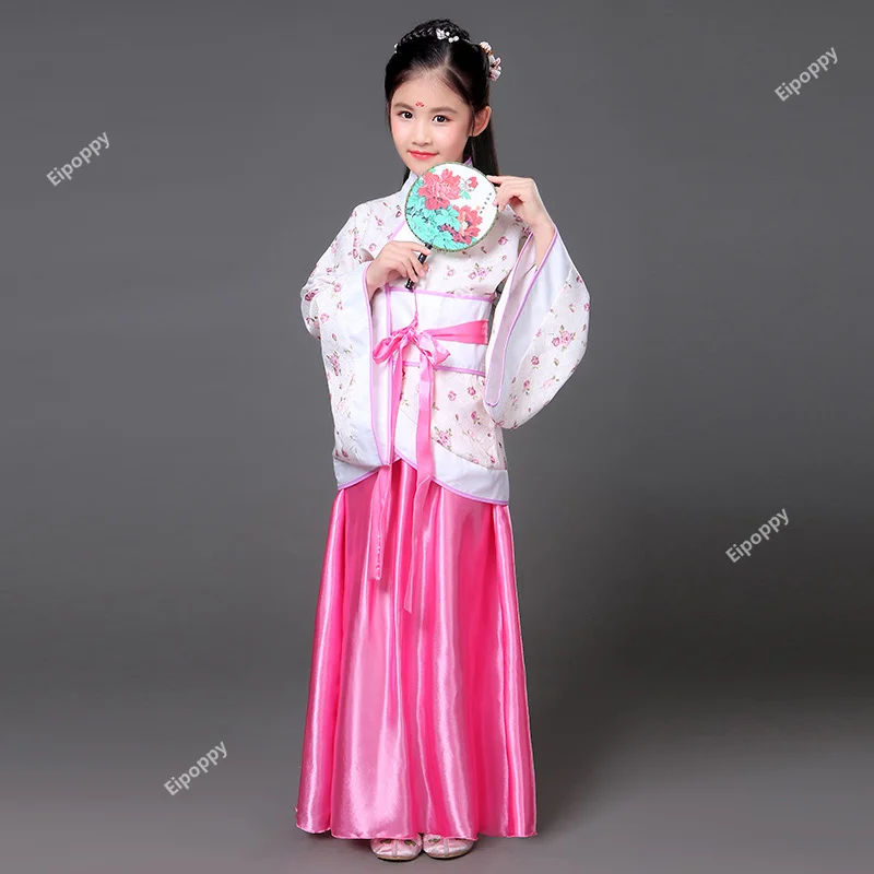 Girls Traditional Chinese Hanfu Dance Costume Ancient Tang Dynasty Han Ming Child Clothing for Folk Dance Performance