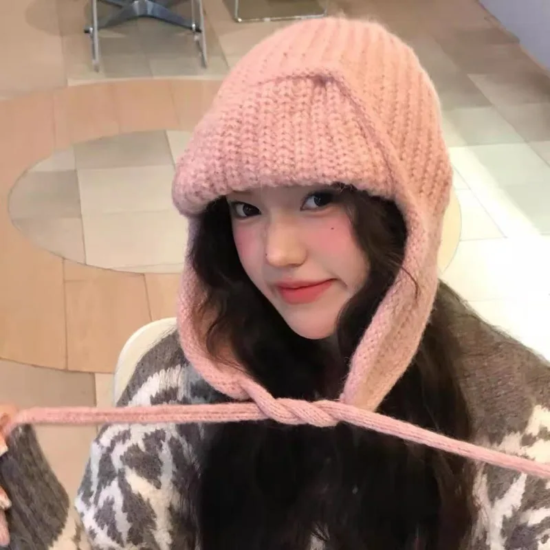 Thick Ribbed Knit Earflap Hat Adjustable Tie Strings Warm Windproof Retro Knitted Beanie Soft Cozy Winter Hat for Ladies Outdoor