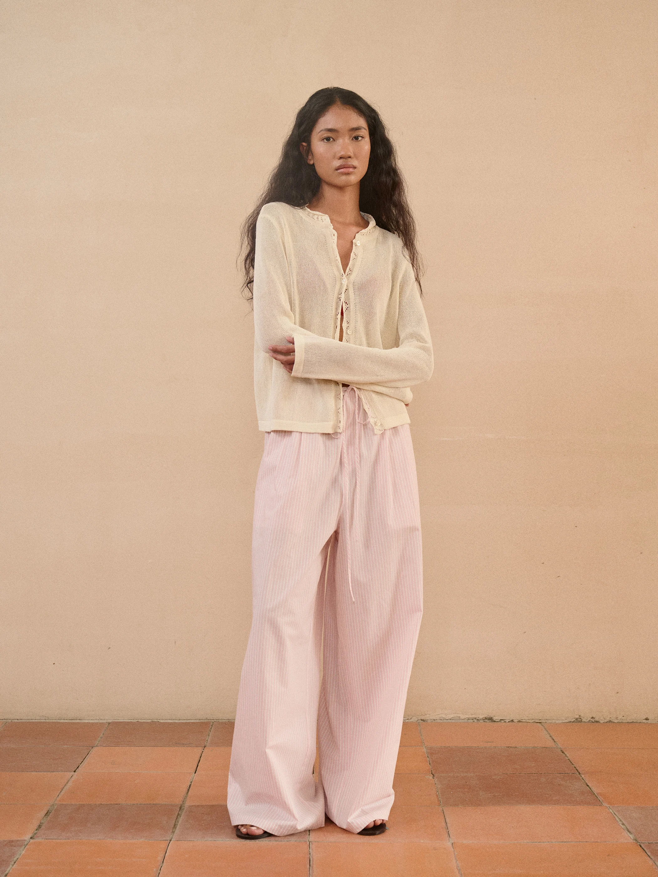 

Introutro Casual Cotton Linen Striped Loose Wide Leg Pants Women's Straight Cut Holiday Relaxing Feel Long Trousers