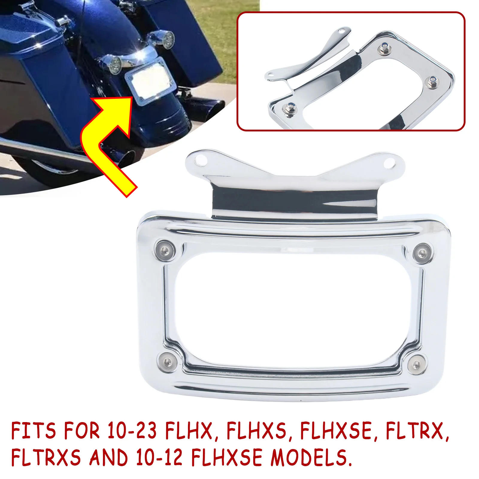 For 2010-2023 FLHRXS, FLHX, FLHXS, FLHXST, FLTRX, FLTRXS and FLTRXST models Chrome Curved Laydown License Plate Mount Bracket