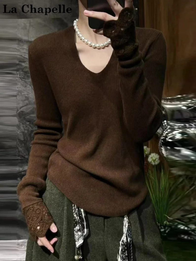 

La Chapelle Lace Sve трикотаж женский кофейный цвет ленивый сле весна осень зима новый модный длинный свитер с v-образным вырезом