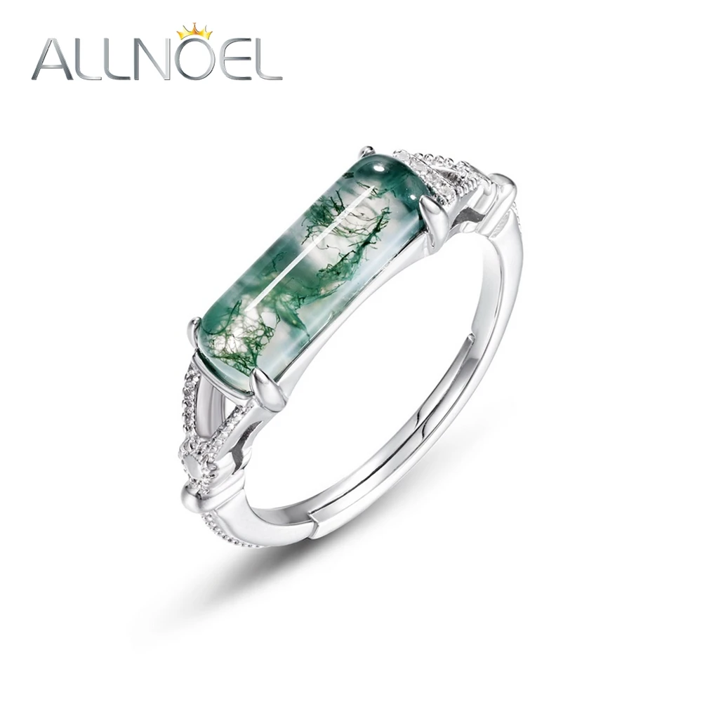 ALLNOEL Natural 4*11.7mm Green Moss Agate Rings 925 Sterling Silver For Women Elegant Unique Gemstone Wedding Gifts Fine Jewelry