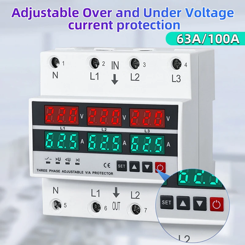 

3 Phase Din Rail Voltmeter Ammeter Adjustable Over and Under Voltage Current Limit Protection Monitor Relays Protector 100A/63A