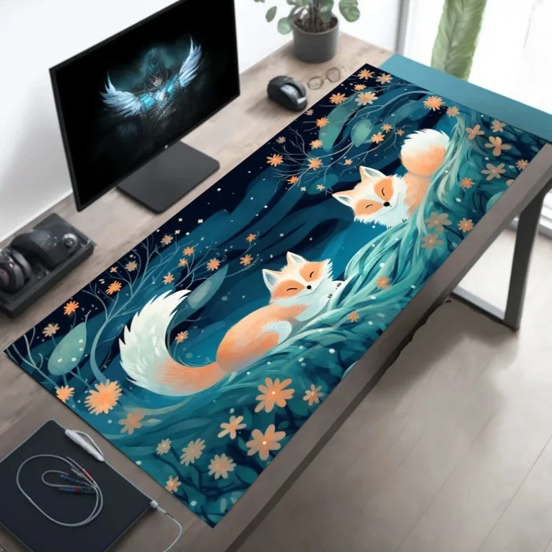 Starry White Wolf Mousepad Cute Cartoon Couple Fox Japanese Fishing Village Colorful Deskmat Special Mouse Pad for Office Room