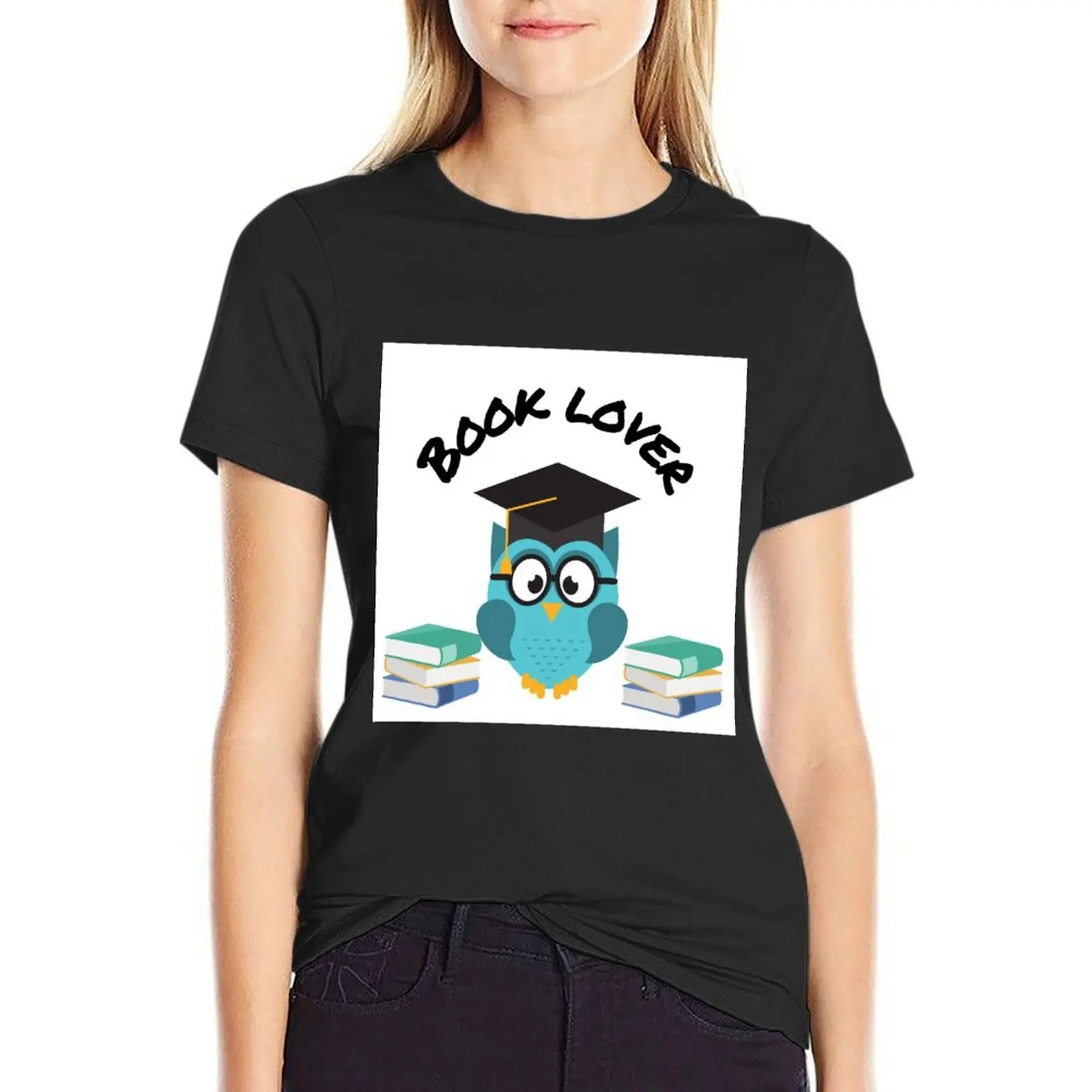 

Owl Book Lover on White Background T-Shirt new edition plus size tops graphics sweat T-shirts for Women