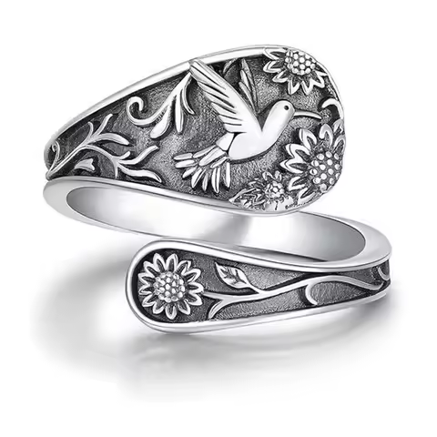Hummingbird Sunflower Pattern Ring Bird Open Ring for Women Men Sterling Silver Adjustable Rings Party Wedding Jewelry Gifts
