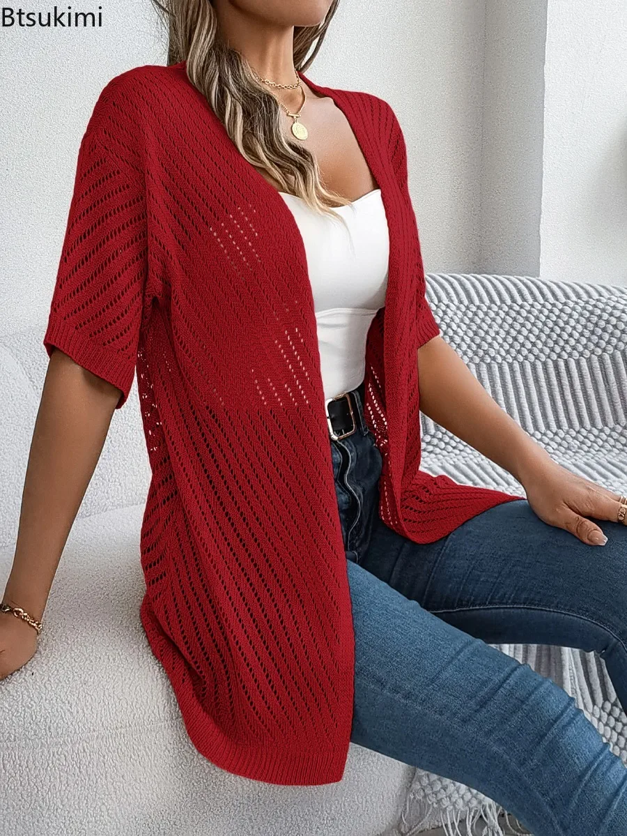 2025 Women's Spring Summer Hollow Knitted Cardigan Solid Color Short Sleeve Sunscreen Shirt Fashion Leisure Vacation Clothing