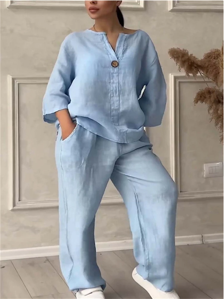 Women Autumn Spring Two piece Set Casual Solid V Neck Set Fashion Cotton and Linen Sets Shirt Top Wide-leg Pant Long Sleeve Suit