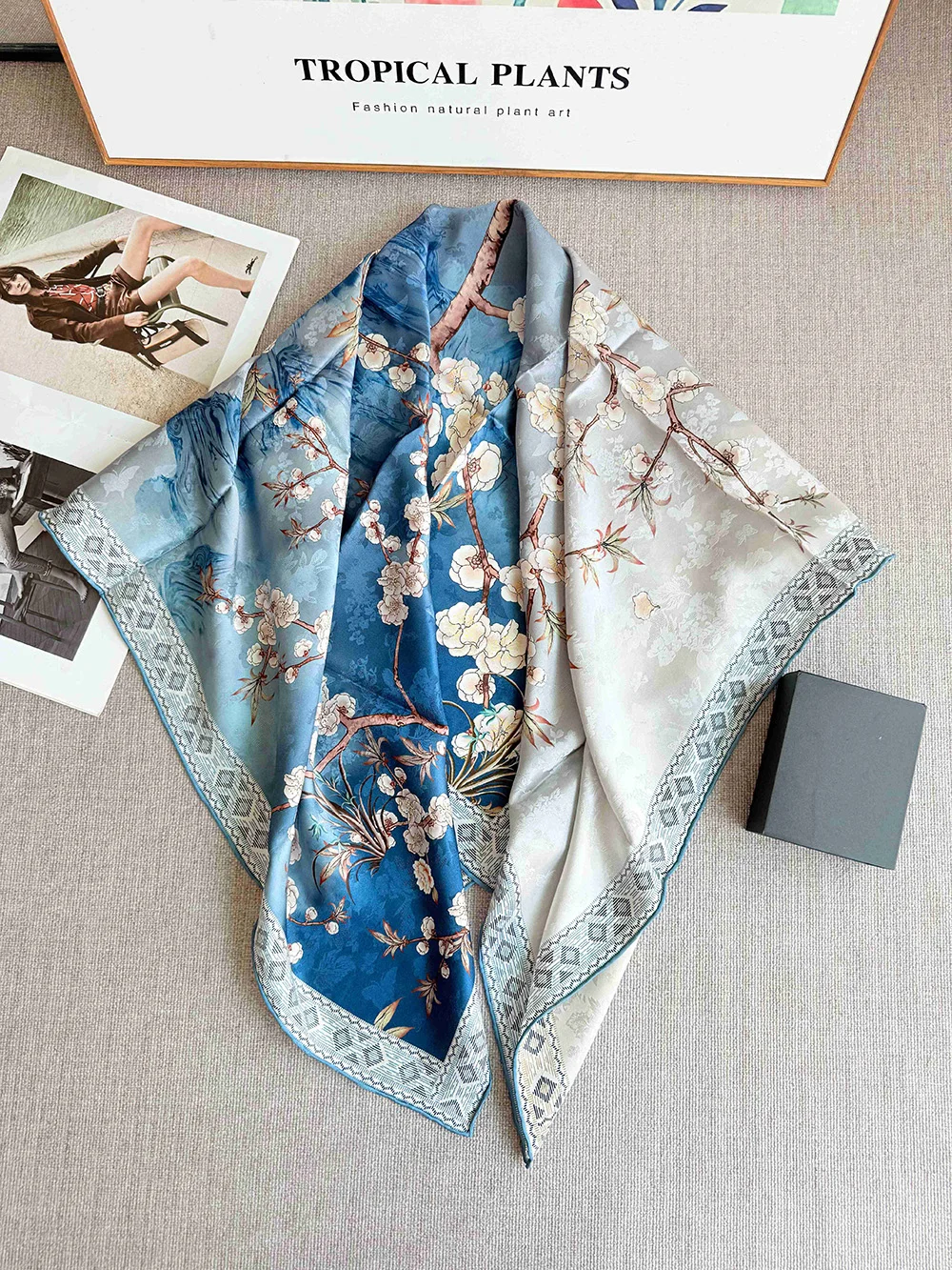 

Шелковый шарф с принтом цветов сливы, градиентный синий двусторонний 100% шелковый традиционный китайский жаккардовый цветочный дизайн, шаль, платок на голову