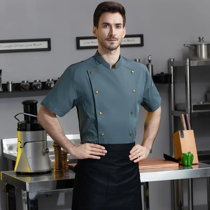 Uniforme da chef per chef di hotel di fascia alta, doppia fila, fibbia in ottone, manica corta, ristorante, chef esecutivo, vestiti da cucina, uniforme da uomo