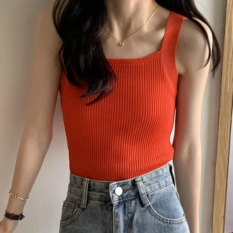 Women Solid Crop Tops Knit Straps Casual Tank Top Sleeveless Camis Square Collar Cute Plain Tops For Women Summer