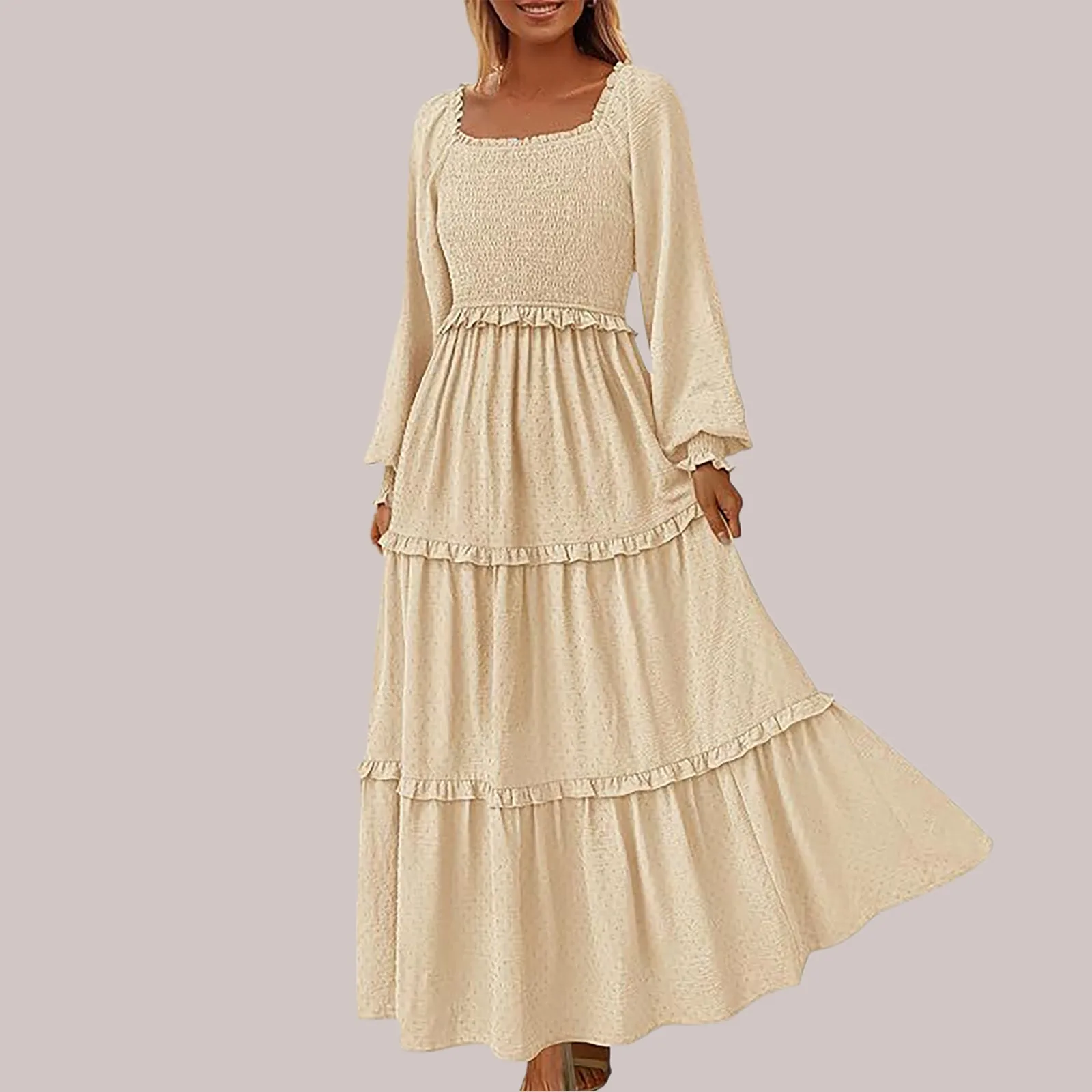 Falda plisada de manga larga para mujer, vestido informal de lunares con cuello cuadrado, en capas, holgado, talla grande