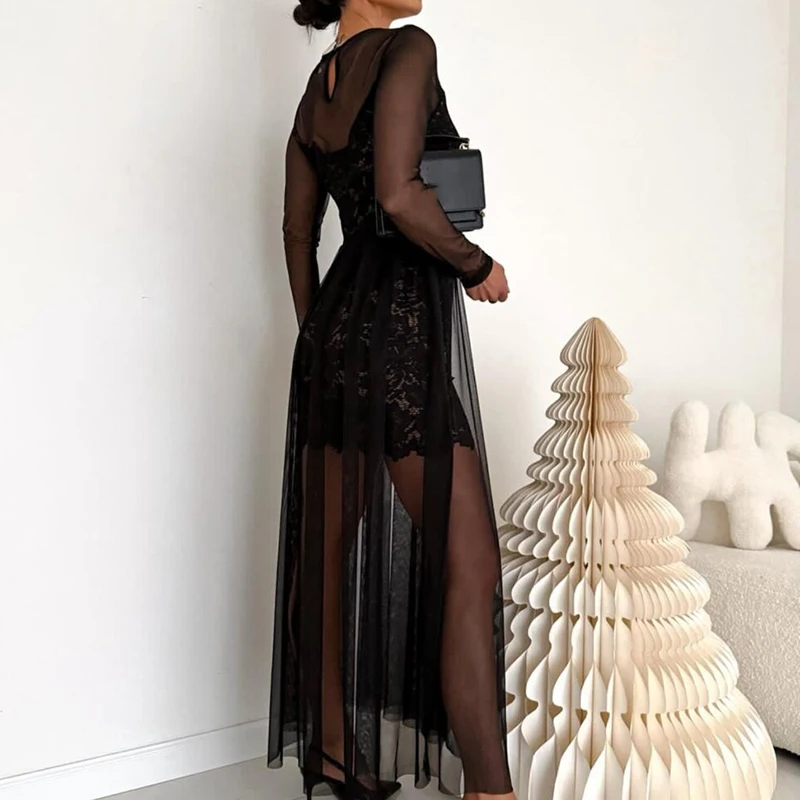 Damska sukienka maxi z koronką, dekoltem typu O, seksowna, codzienna, nowa moda damska, plisowana, idealna na wakacje, z siateczkowymi wstawkami, na wiosnę i lato 2026, sukienka bankietowa.