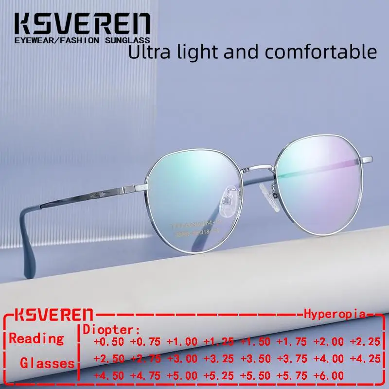 

KSVEREN Anti Blue Light Reading Glasses Women Comfortable Vintage Round Titanium Eyewear Prescription Glasses Frame Men Women