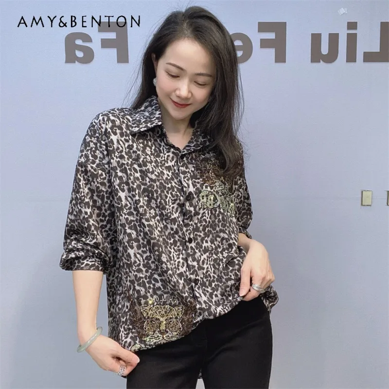 

Diamond-encrusted Retro Leopard Print Blouse Women's Summer Chiffon Loose Versatile Lapel High-end Temperament Cardigan Shirt