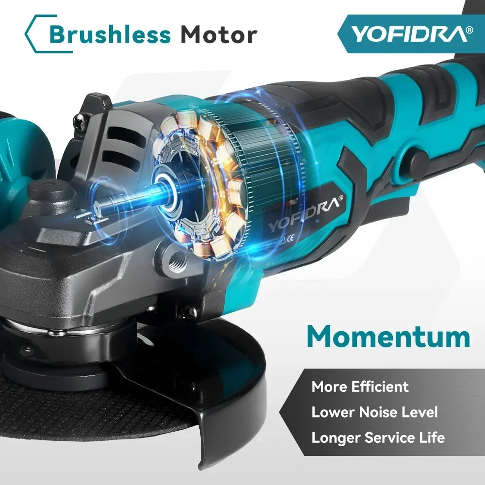 YOFIDRA 125mm Brushless Angle Grinder 3 Gears Cordless Grinding Machine Cutting Woodworking Power Tool For Makita 18V Battery