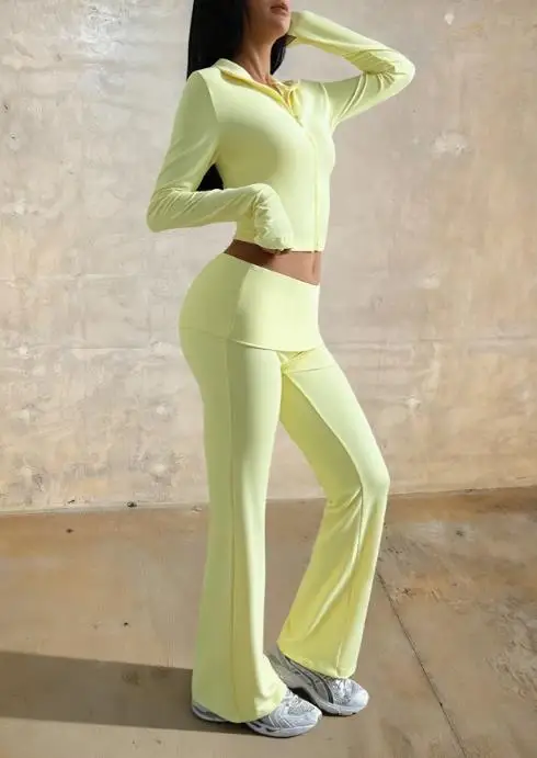 

Sports Style Women's 2-Piece Set Solid Color Simple Slim Fit Lapel Zipper Sports Jacket High Waist Tight Bell Bottom Pants Set